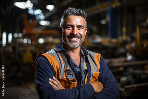 Candid shot of a confident Hispanic male factory worker with arms crossed, industrial construction industry made with AI