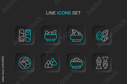 Set line Served fish on a plate, Chow mein, Zongzi bamboo steamer, Dumpling, Chicken egg with vegerables, Rice bowl, Wonton and Guotie icon. Vector