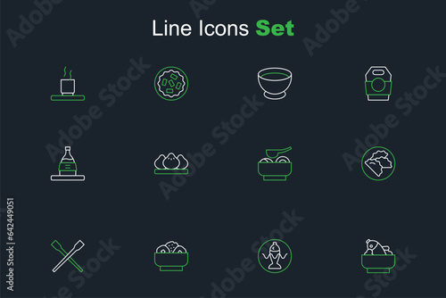 Set line Rice with fish in a bowl, Served on plate, Chow mein, Food chopsticks, Dumpling, Ramen soup, and Bottle of sake icon. Vector