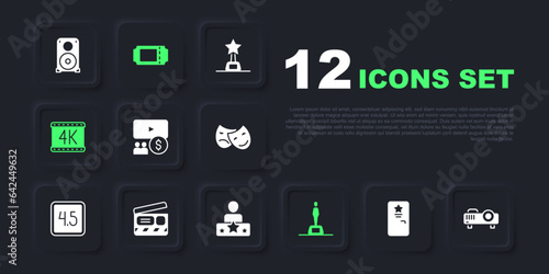 Set Backstage, Movie, film, media projector, Cinema auditorium with screen, trophy, 4k movie, clapper, ticket and Actor star icon. Vector