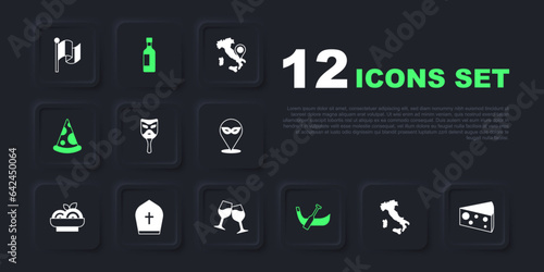 Set Map of Italy, Cheese, Carnival mask, Gondola boat, Slice pizza, Pope hat, Bottle wine and Wine glass icon. Vector