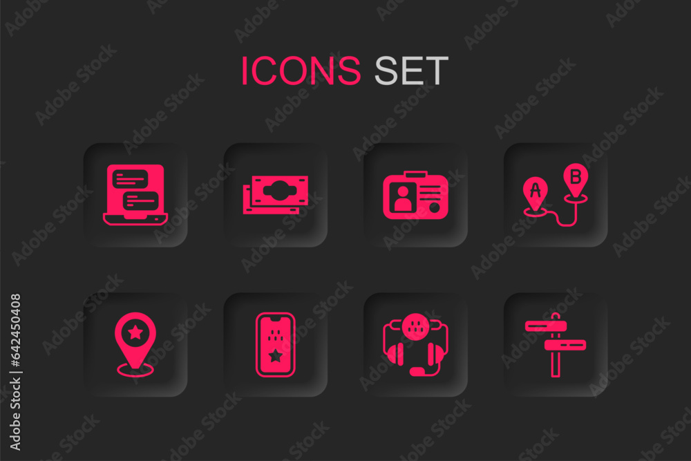 Set Taxi mobile app, Stacks paper money cash, call telephone service, Route location, Road traffic sign, driver license and Location with star icon. Vector