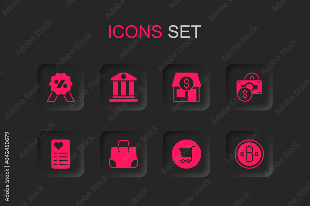 Set Paper shopping bag, Bank building, Discount percent tag, Shopping cart, Stacks paper money cash, Cryptocurrency coin Bitcoin, Market store and list icon. Vector Set Paper shopping bag, Bank building, Discount percent tag, Shopping cart, Stacks paper money cash, Cryptocurrency coin Bitcoin, Market store and list icon. Vector