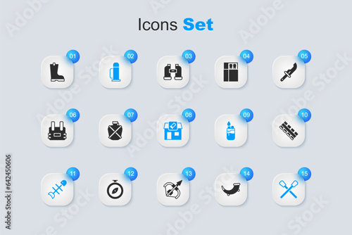 Set Hunting horn, Canteen water bottle, Thermos container, Dead fish, Burning match with fire, cartridge belt, Waterproof rubber boot and shop icon. Vector