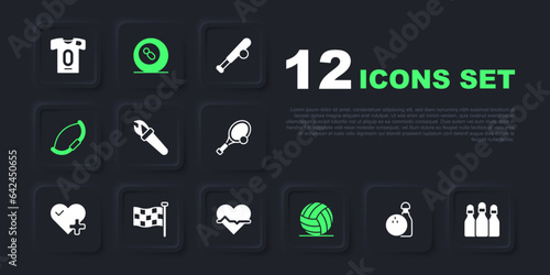 Set Bowling pin and ball, Torch flame, Volleyball, Medieval bow, Checkered flag, Billiard pool snooker and Heart rate icon. Vector