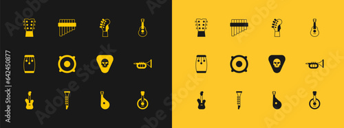 Set Guitar, Clarinet, pick, Bandura, Stereo speaker, neck, and Pan flute icon. Vector
