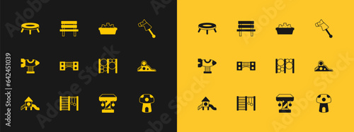 Set Toy horse, Swedish wall, Playground climbing equipment, Attraction carousel, kids bridge, Sandbox with sand, Jumping trampoline and Bench icon. Vector