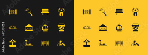Set Mushroom house, Bumper car, Attraction carousel, Swedish wall, Sandbox with sand, Bench, Education logic game and Toy horse icon. Vector