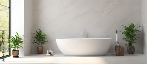 a beautiful modern luxury bathroom with white marble walls a bathtub concrete floor indoor plants toilet bidet and a front view The room features modern furniture and a window