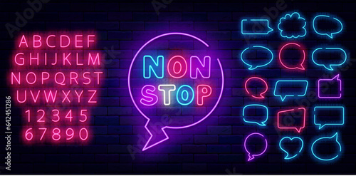 Non stop neon label. Glowing emblem. Shiny pink alphabet. Colorful handwritten text. Vector stock illustration