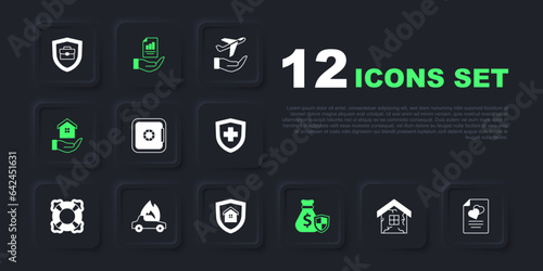 Set House, Marriage contract, Safe, Money bag with shield, in hand, Burning car, Contract and icon. Vector