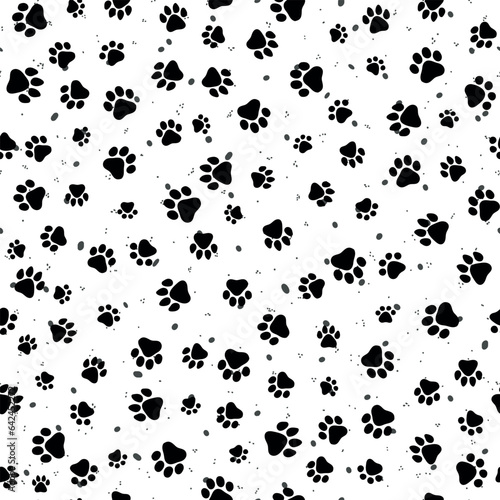Pet paw print seamless pattern. Abstract black and white dots. Textured vector repeat design. Adorable design for vets and animal lovers. Messy hand drawn footprint trails.