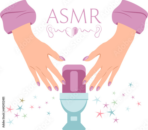 Vector ASMR illustration with video blogger woman using nails on microphone to make tapping sound