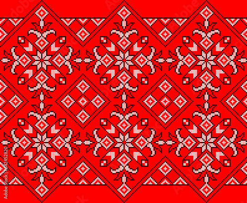 Vector illustration of Ukrainian ornament in ethnic style, identity, vyshyvanka, embroidery for print clothes, websites, banners. Background. Geometric design, border, copy space, frame