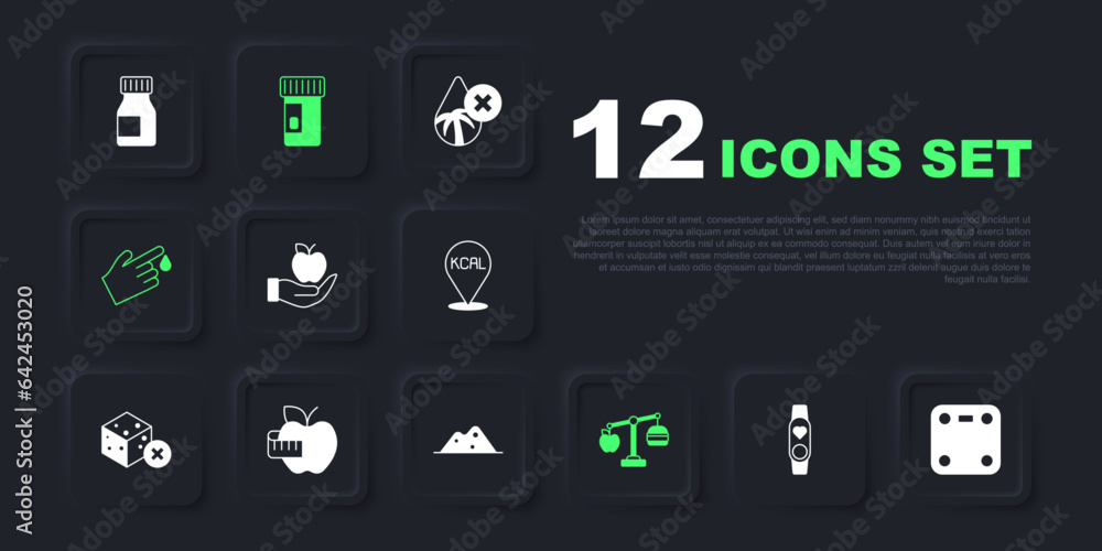 Set Smart watch with heart, Bathroom scales, Apple, Calorie calculator, Finger blood, and measuring tape, Vitamins and Salt icon. Vector Set Smart watch with heart, Bathroom scales, Apple, Calorie calculator, Finger blood, and measuring tape, Vitamins and Salt icon. Vector