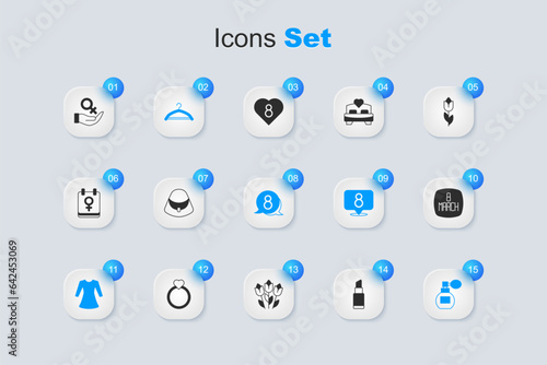 Set Lipstick, Handbag, Hanger wardrobe, Woman dress, Perfume, 8 March, Female gender symbol and in speech bubble icon. Vector