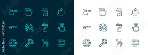Set line Piece of cake, Coffee filter holder, cup to go, Medal for coffee, Iced, turk and pot icon. Vector