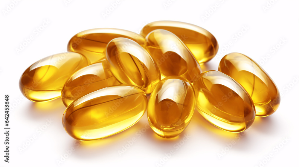 Fish Oil Soft Gel Capsules, Pure Omega-3 Goodness, All Against a Clean White Background. Fish Oil Soft Gel Capsules, Pure Omega-3 Goodness, All Against a Clean White Background.