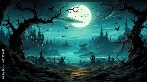 Panorama gothic style background scary halloween atmosphere  full moon and graveyard night style