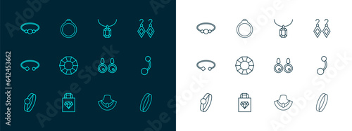 Set line Earrings, Shopping bag jewelry, Necklace on mannequin, Diamond, Pendant necklace, Bracelet and engagement icon. Vector