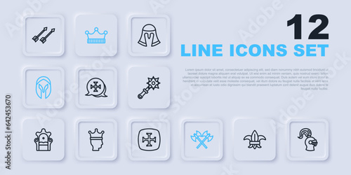Set line Fleur de lys or lily flower, Medieval helmet, Crusade, Crossed medieval axes, King crown, and icon. Vector