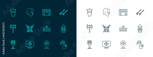 Set line Medieval arrows, Crusade, King crown, Shield with swords, Antique treasure chest, and helmet icon. Vector