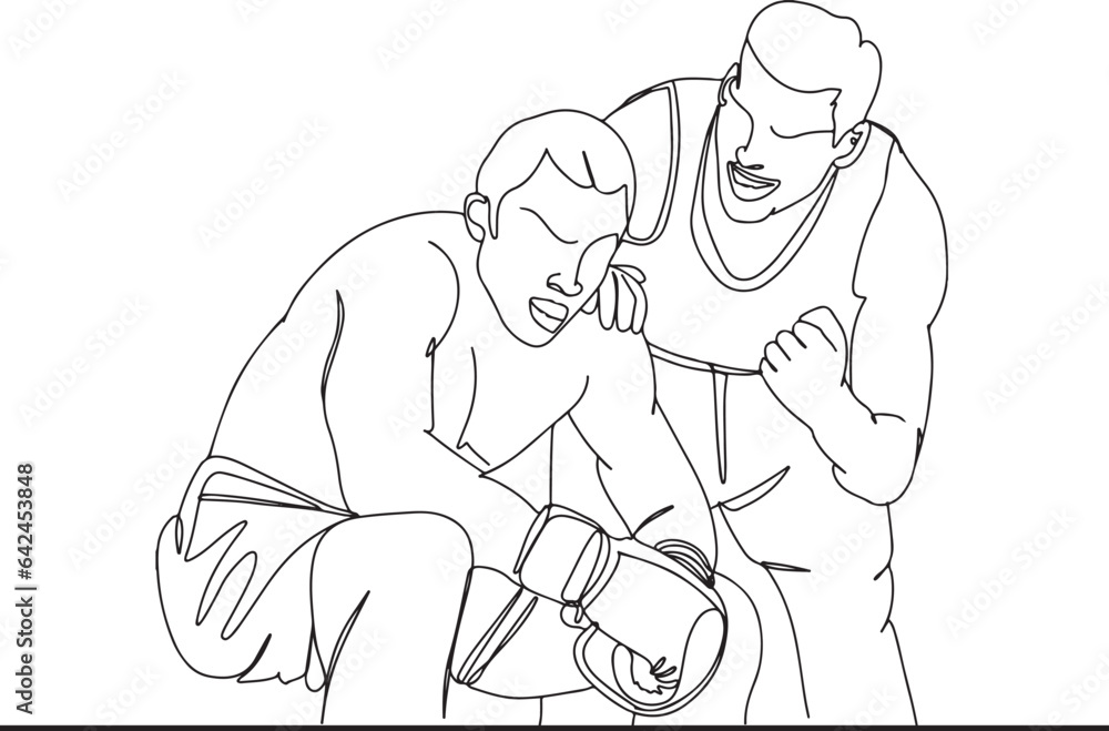 Senior Coach Advising Boxer - One Line Vector Artwork, Two Men in Boxing Ring Talking - Hand-Drawn Vector Illustration, Boxing Coach Yelling to Boxer , Motivational Coach in Boxing - Hand-Drawn Vector