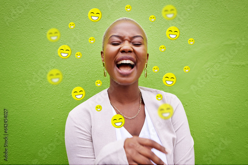 Social media, laughing and emoji icon of a woman or influencer for funny meme app. Face of African person for online chat, content creator or communication notification overlay on green background