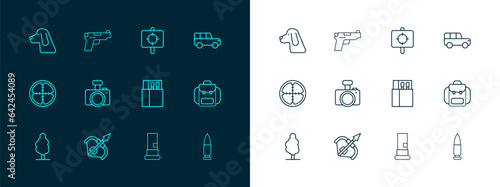 Set line Safari car, Medieval bow and arrow, Open matchbox matches, Cartridges, Photo camera, Target sport, Hunting dog and Pistol gun icon. Vector