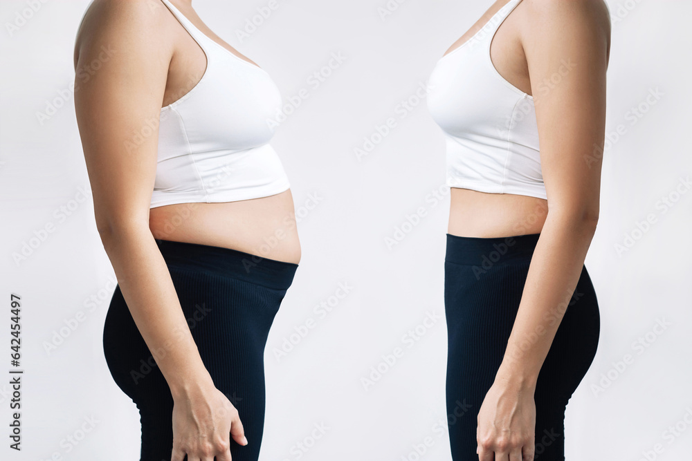 Woman in profile with a belly with excess fat and toned slim stomach before and after losing weight on gray background. Result of diet, liposuction, training. Getting rid of overweight. Comparison - obrazy, fototapety, plakaty 