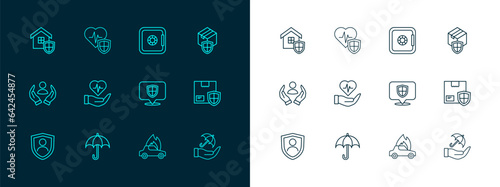 Set line Delivery security with shield, Umbrella, Location, Burning car, Life insurance hand, Safe, House and icon. Vector