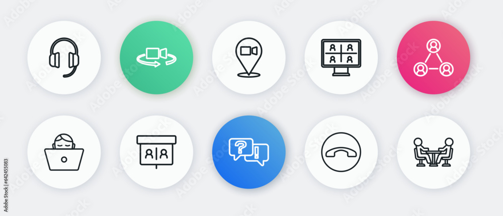Set line Question and Answer, Meeting, Freelancer, Telephone handset, Video chat conference, and icon. Vector Set line Question and Answer, Meeting, Freelancer, Telephone handset, Video chat conference, and icon. Vector