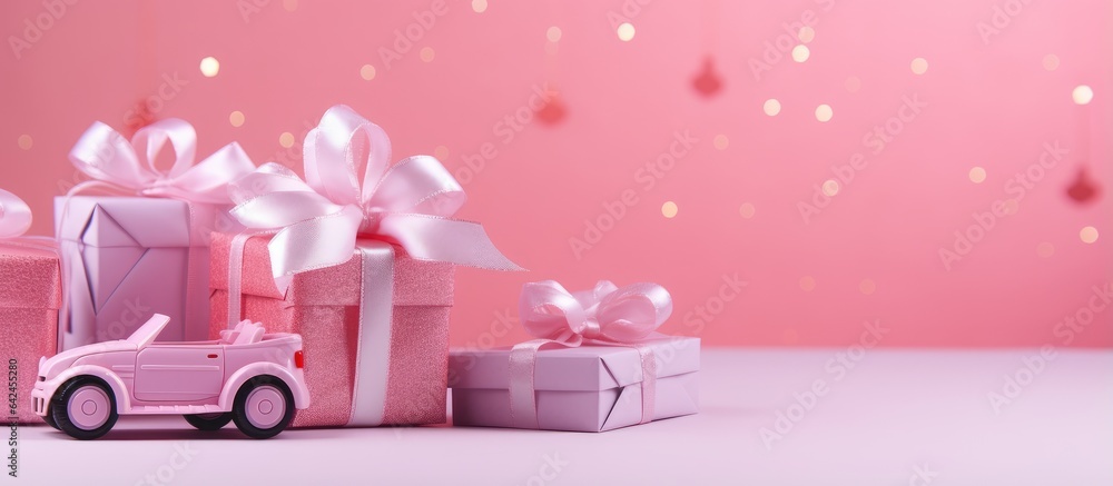 Christmas themed items including boxes balls gifts a pink toy car and decorations placed on a vibrant backdrop representing the idea of celebrating winter holidays