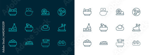 Set line Sushi, Fish steak, Mochi, Asian noodles in bowl, Rice with fish, Xiao long bao, Wonton and Traditional ceremony icon. Vector