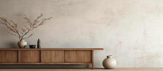 a Japanese design wooden cabinet on an empty wall in a zen style living room
