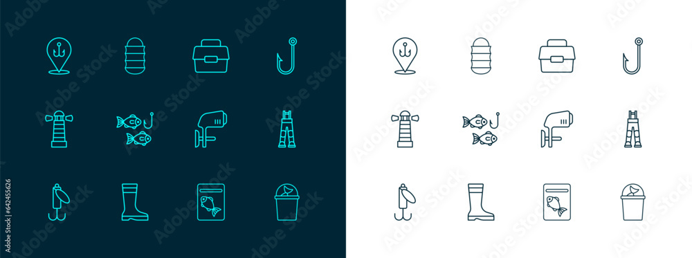 Set line Fishing hook, boots, Outboard boat motor, Served fish on plate, with, Case box for fishing, and net icon. Vector Set line Fishing hook, boots, Outboard boat motor, Served fish on plate, with, Case box for fishing, and net icon. Vector