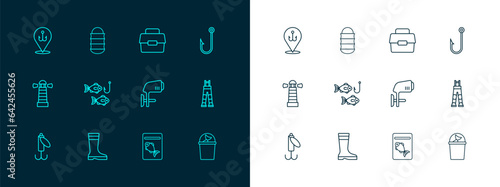 Set line Fishing hook, boots, Outboard boat motor, Served fish on plate, with, Case box for fishing, and net icon. Vector