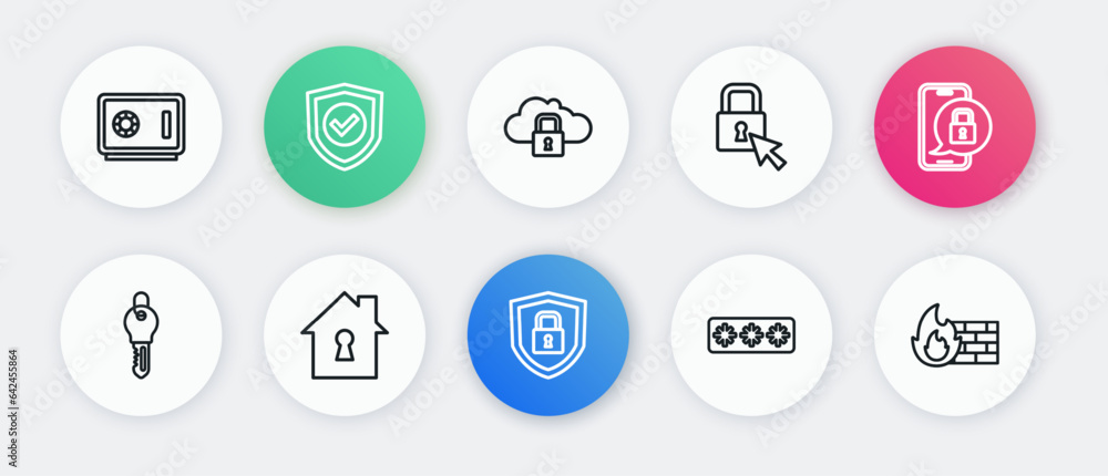 Set line Shield security with lock, Mobile closed padlock, Key, Password protection, Lock, Cloud computing, Firewall, wall and House under icon. Vector