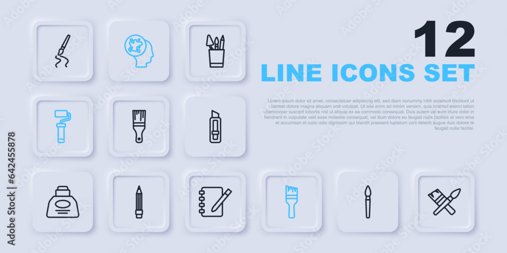 Set line Paint brush, roller, Pencil with eraser, spray and Notebook icon. Vector Set line Paint brush, roller, Pencil with eraser, spray and Notebook icon. Vector