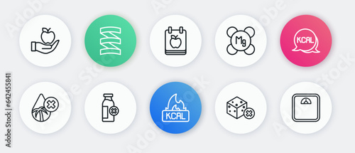 Set line Kcal, Palm oil free, No sugar, Magnesium, Diet plan, Bathroom scales and Lactose intolerance icon. Vector