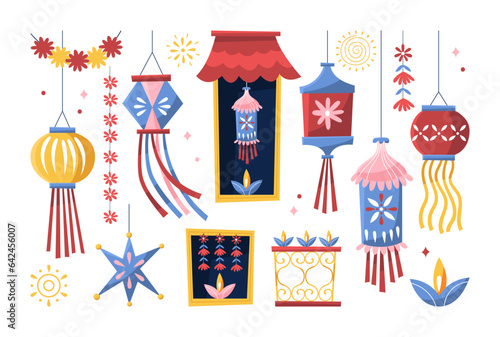 Diwali Hindu festival decoration elements set for design isolated on white background. Vector illustration