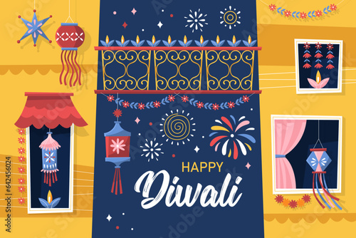 Diwali Hindu festival concept with India town decorated for holiday. Greeting card, banner or poster template design
