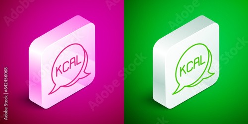 Isometric line Kcal icon isolated on isolated on pink and green background. Health food. Silver square button. Vector