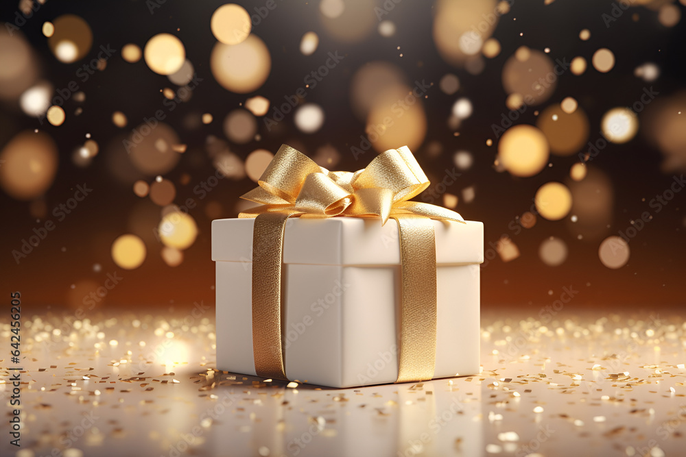 White elegant gift box tied with golden ribbon. Holiday, birthday, christmas concept. Generative Ai White elegant gift box tied with golden ribbon. Holiday, birthday, christmas concept. Generative Ai
