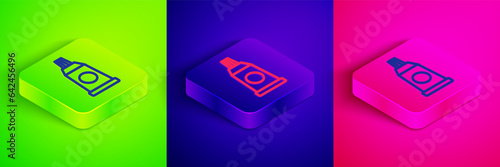 Isometric line Tube with paint palette icon isolated on green, blue and pink background. Square button. Vector