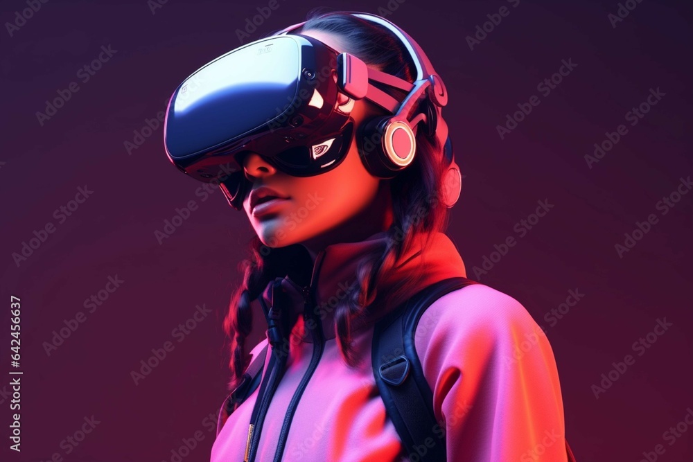 Beautiful young woman wearing virtual reality goggles. Future technology concept Beautiful young woman wearing virtual reality goggles. Future technology concept