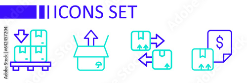 Set line Waybill, Cardboard box with traffic symbol, Unboxing and boxes on pallet icon. Vector