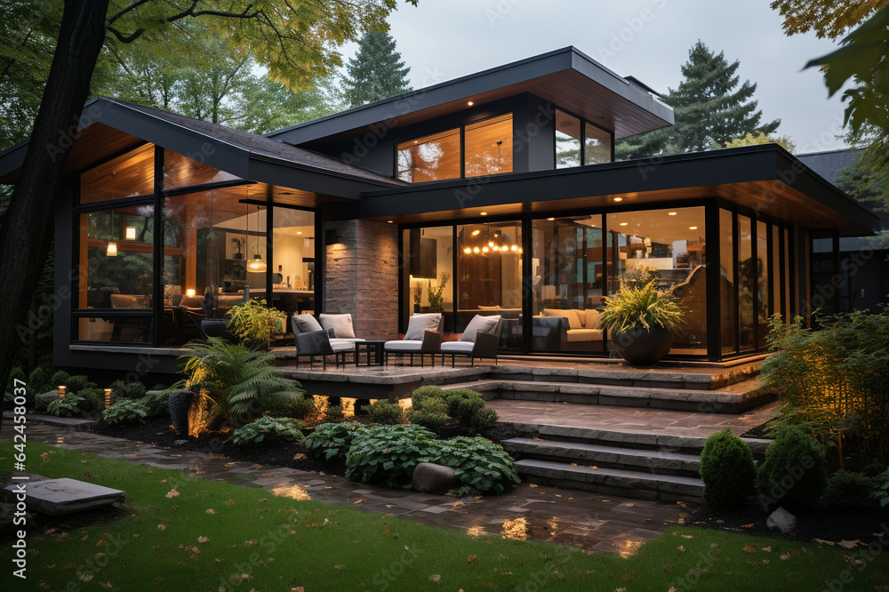 modern brick house with large windows, green lawn, cottage town made with AI modern brick house with large windows, green lawn, cottage town made with AI