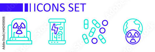 Set line Planet earth and radiation, Medical pill biohacking, Cryogenic capsules and Radioactive warning lamp icon. Vector