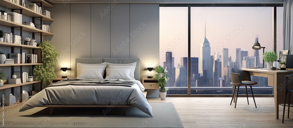 Fototapeta premium a comfortable king size bed bookcase and window with city view in a gray walled master bedroom Home office with computer table